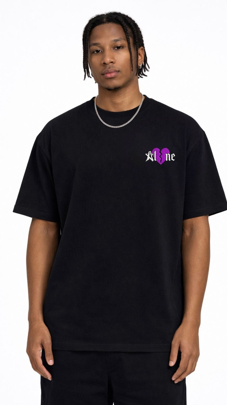 Schwarzes oversized T-Shirt mit Front-Strick „Heartbreak“, 270 GSM aus 100 % Baumwolle, cleaner Streetwear-Fit