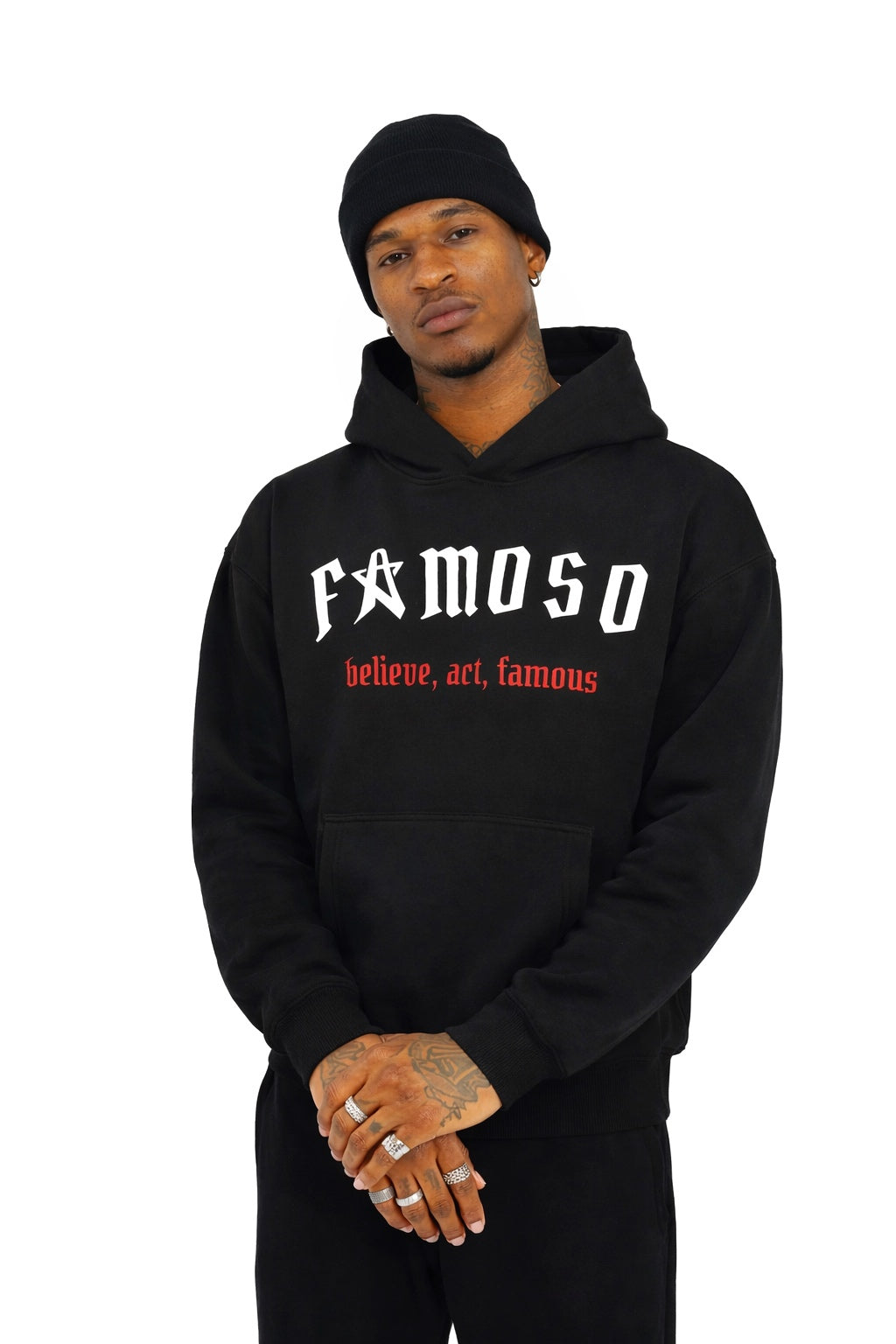 Grande Black oversized Hoodie mit Front- und Back-Print sowie Strickdetails, 360 GSM Baumwoll-Polyester-Mix, cleaner Streetwear-Look