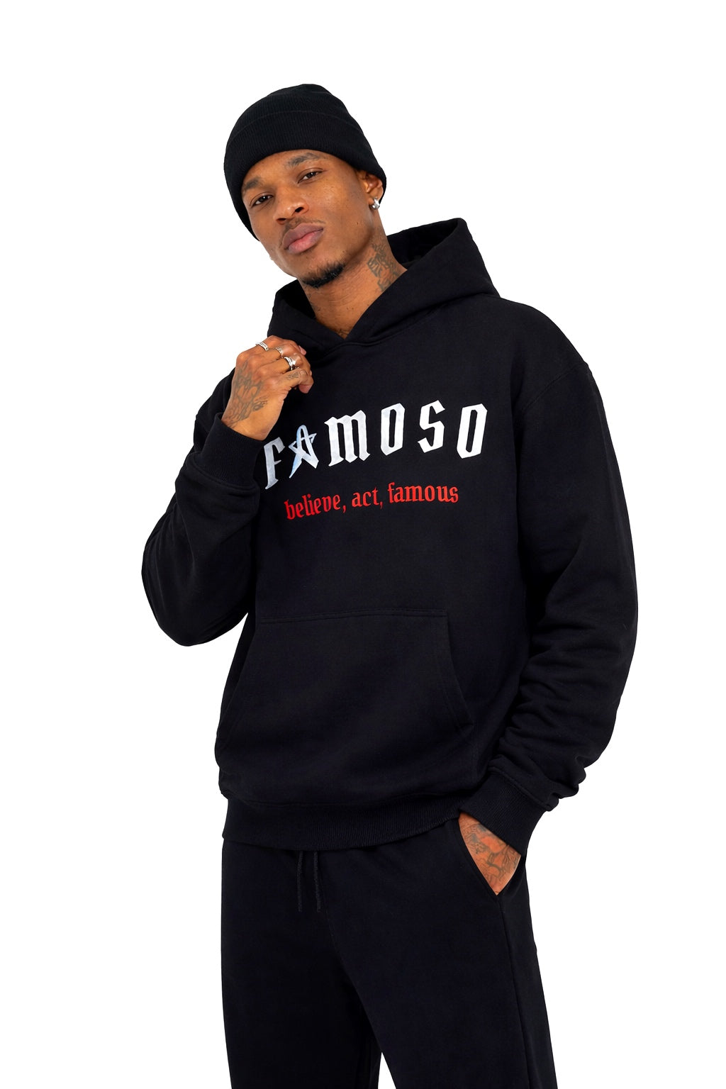 Grande Black oversized Hoodie mit Front- und Back-Print sowie Strickdetails, 360 GSM Baumwoll-Polyester-Mix, cleaner Streetwear-Look