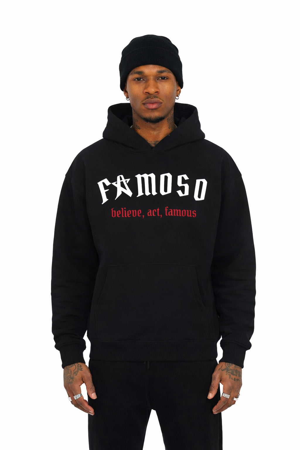 Grande Black oversized Hoodie mit Front- und Back-Print sowie Strickdetails, 360 GSM Baumwoll-Polyester-Mix, cleaner Streetwear-Look