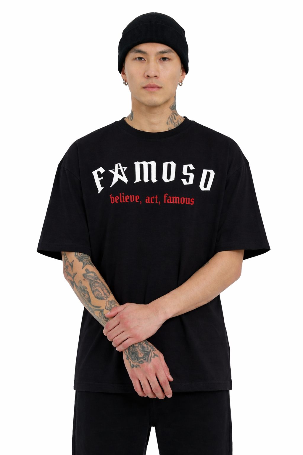 Oversized black Shirt mit Front- und Back-Print sowie Strickdetails, 260 GSM aus 100 % Baumwolle, cleaner Streetwear-Fit