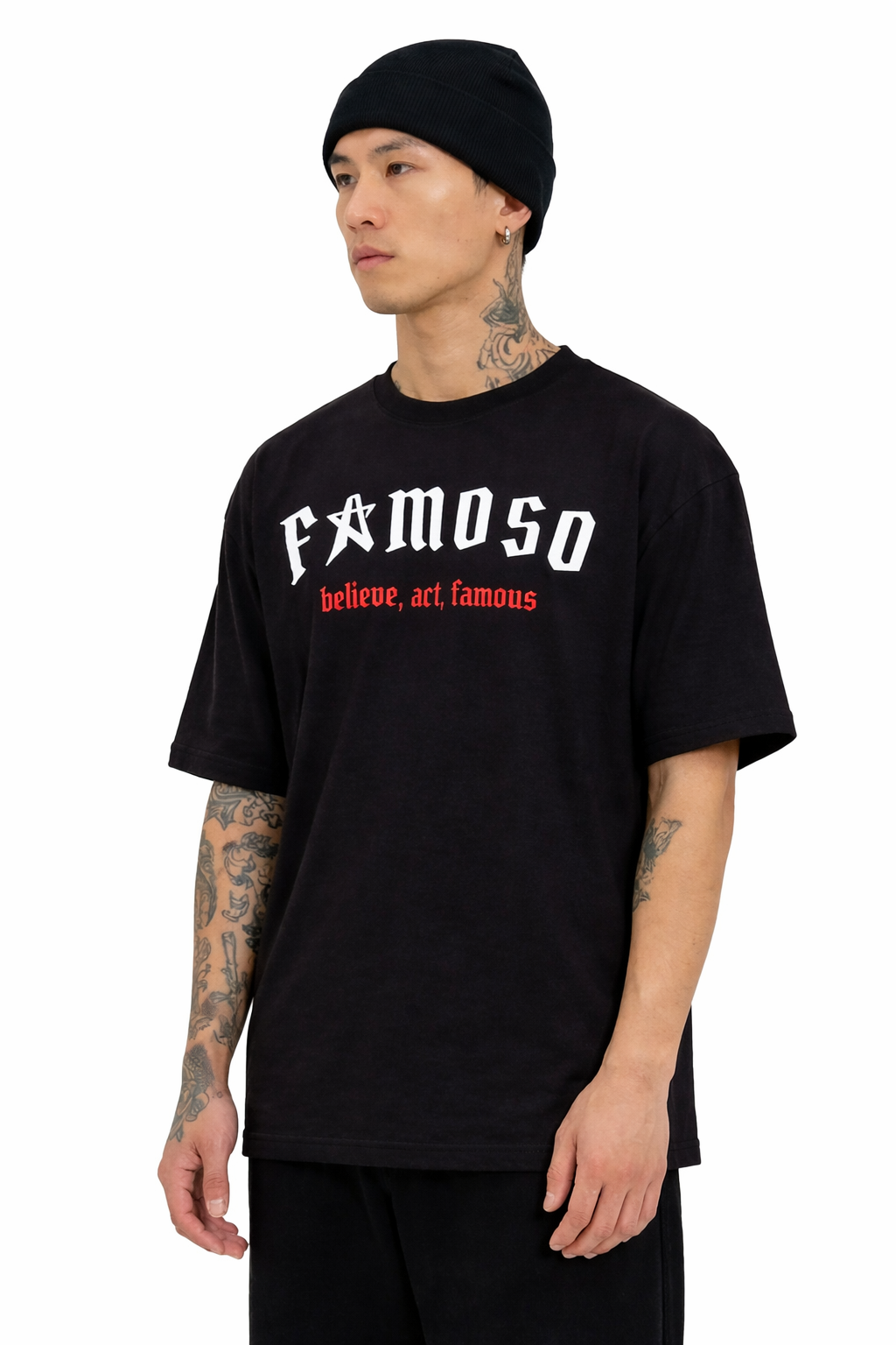 Oversized black Shirt mit Front- und Back-Print sowie Strickdetails, 260 GSM aus 100 % Baumwolle, cleaner Streetwear-Fit